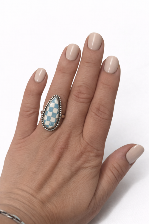 Desert Check Ring – Turquoise Inlay Sterling Silver Statement Ring