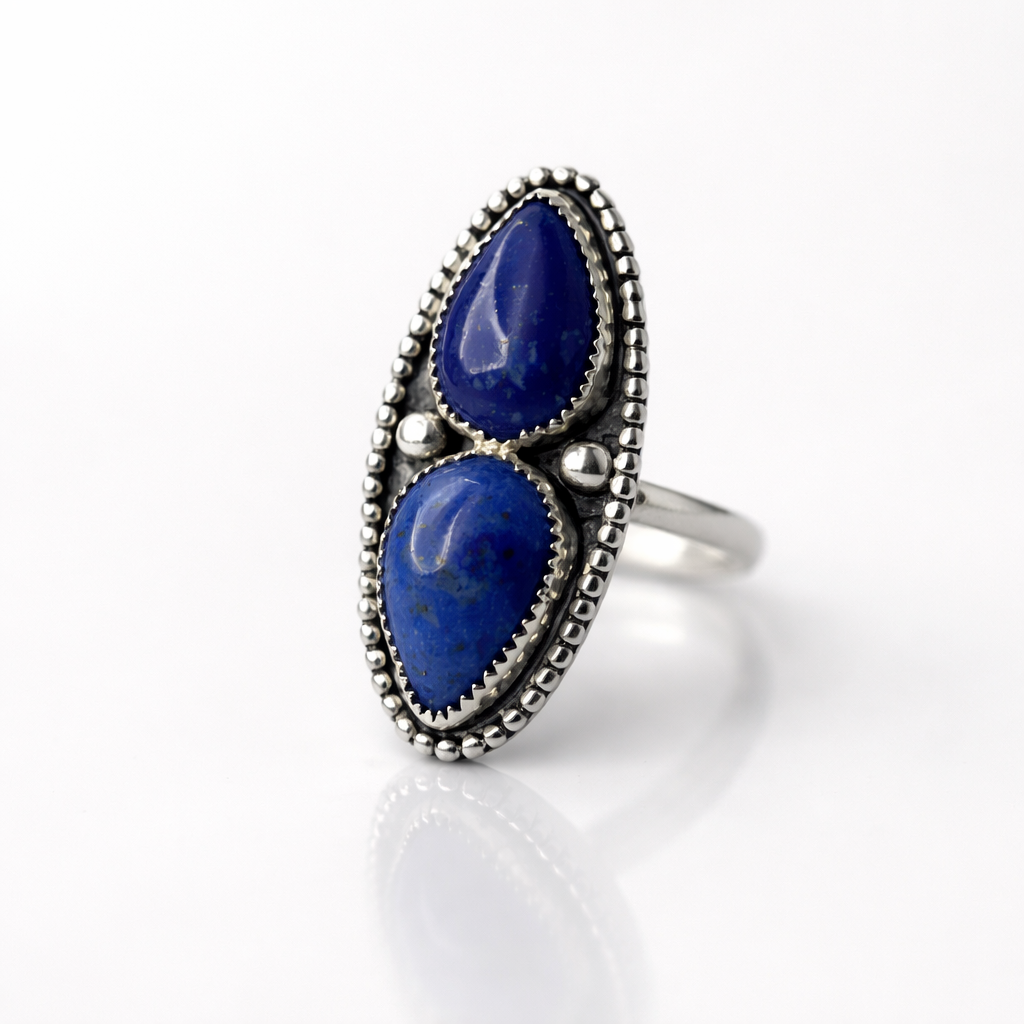 Lapis Lazuli Sterling Silver Statement Ring | Western Teardrop Double Stone Ring | Handmade .925 Silver Jewelry