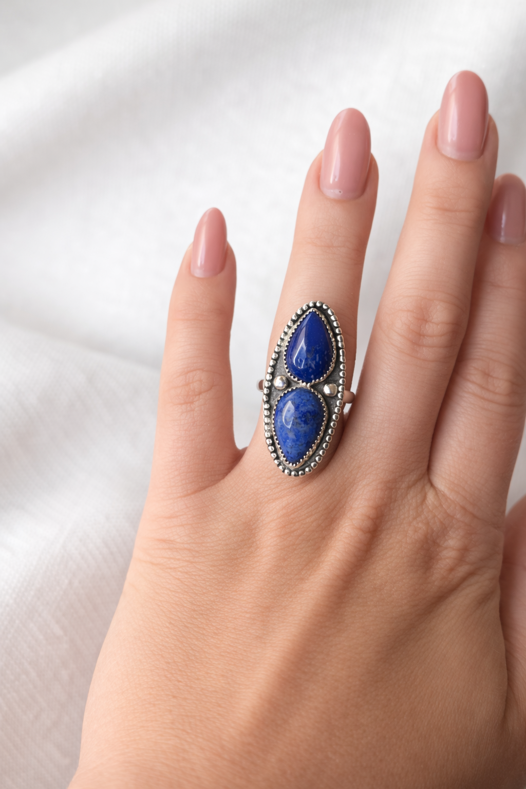 Lapis Lazuli Sterling Silver Statement Ring | Western Teardrop Double Stone Ring | Handmade .925 Silver Jewelry