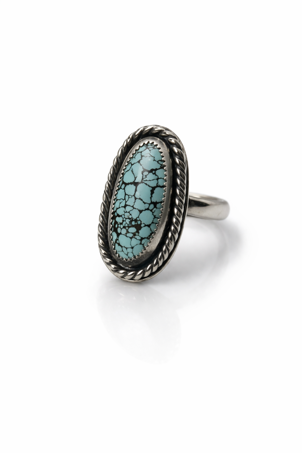 Hubei Turquoise Statement Ring – Handmade Sterling Silver Spiderweb Turquoise Ring – One of a Kind Southwestern Ring