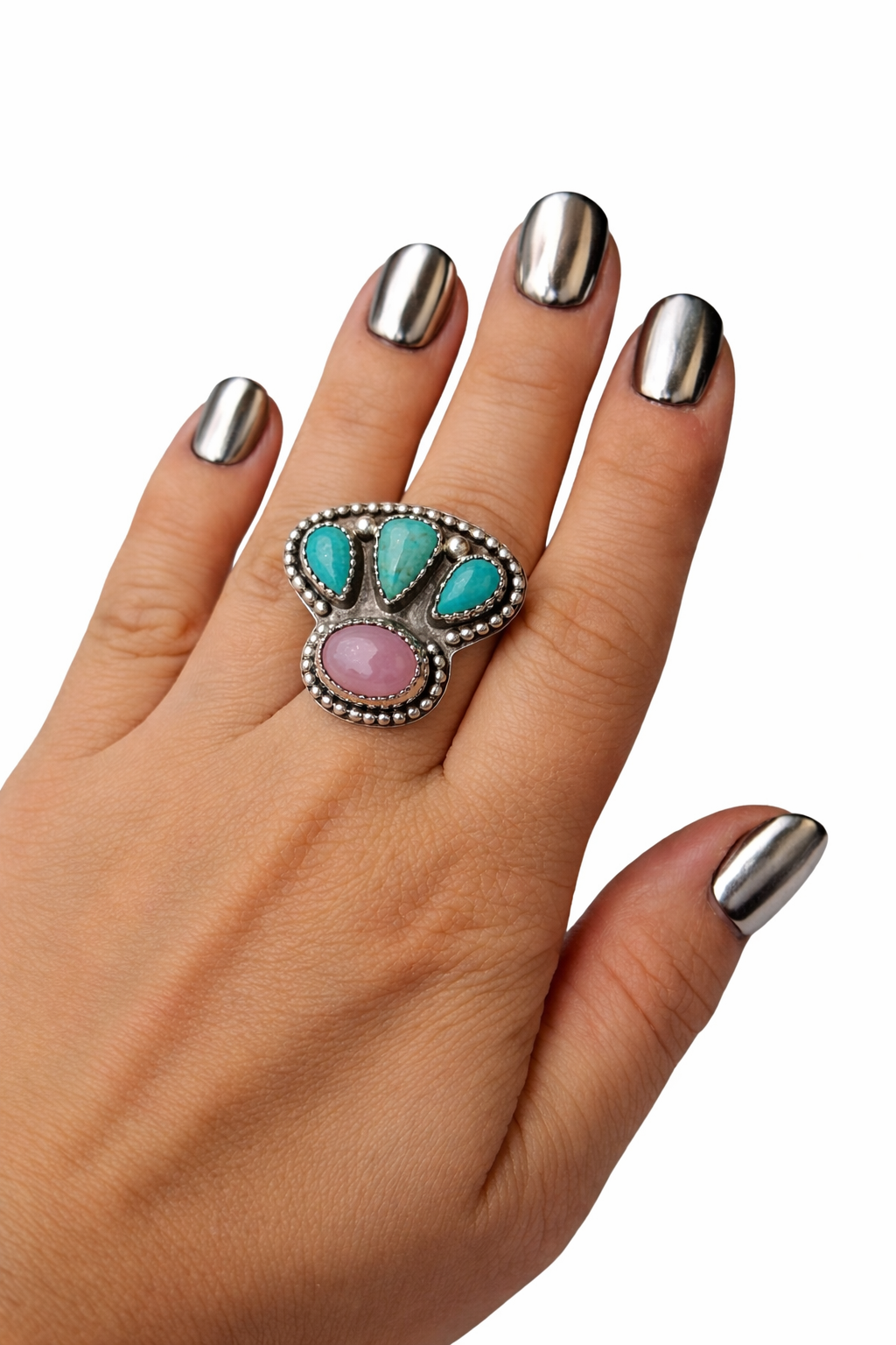 The Canyon Blossom Ring | Rose Quartz & Kingman Turquoise Sterling Silver Ring | Western Statement Ring | .925 Silver