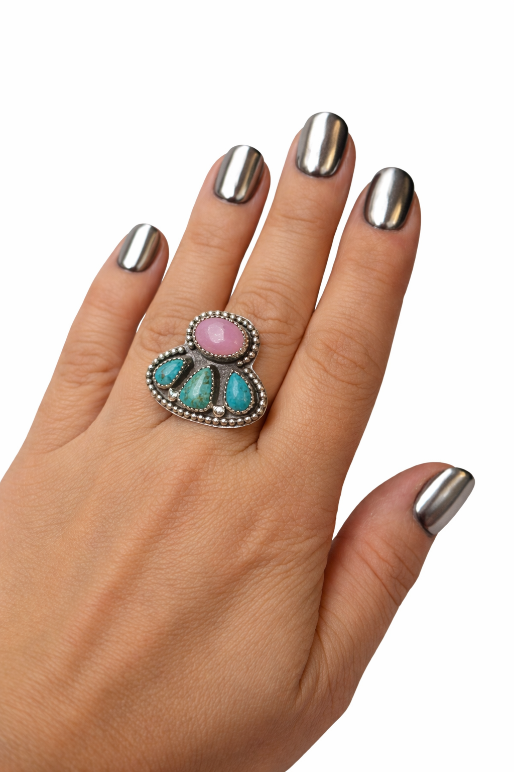 The Canyon Blossom Ring | Rose Quartz & Kingman Turquoise Sterling Silver Ring | Western Statement Ring | .925 Silver