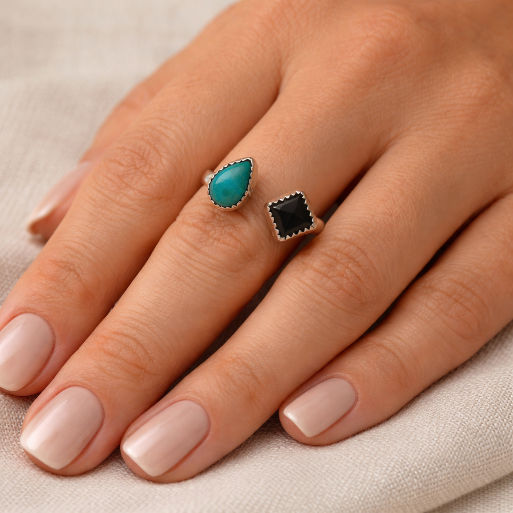 The Twin Stone Ring | Turquoise & Black Onyx Sterling Silver Ring | Minimal Western Ring | .925 Silver