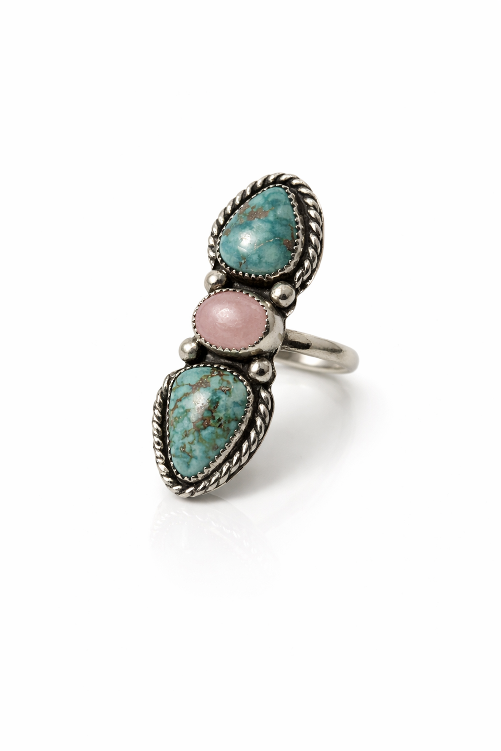 Desert Bloom Ring – Kingman Turquoise & Rose Quartz Sterling Silver Statement Ring