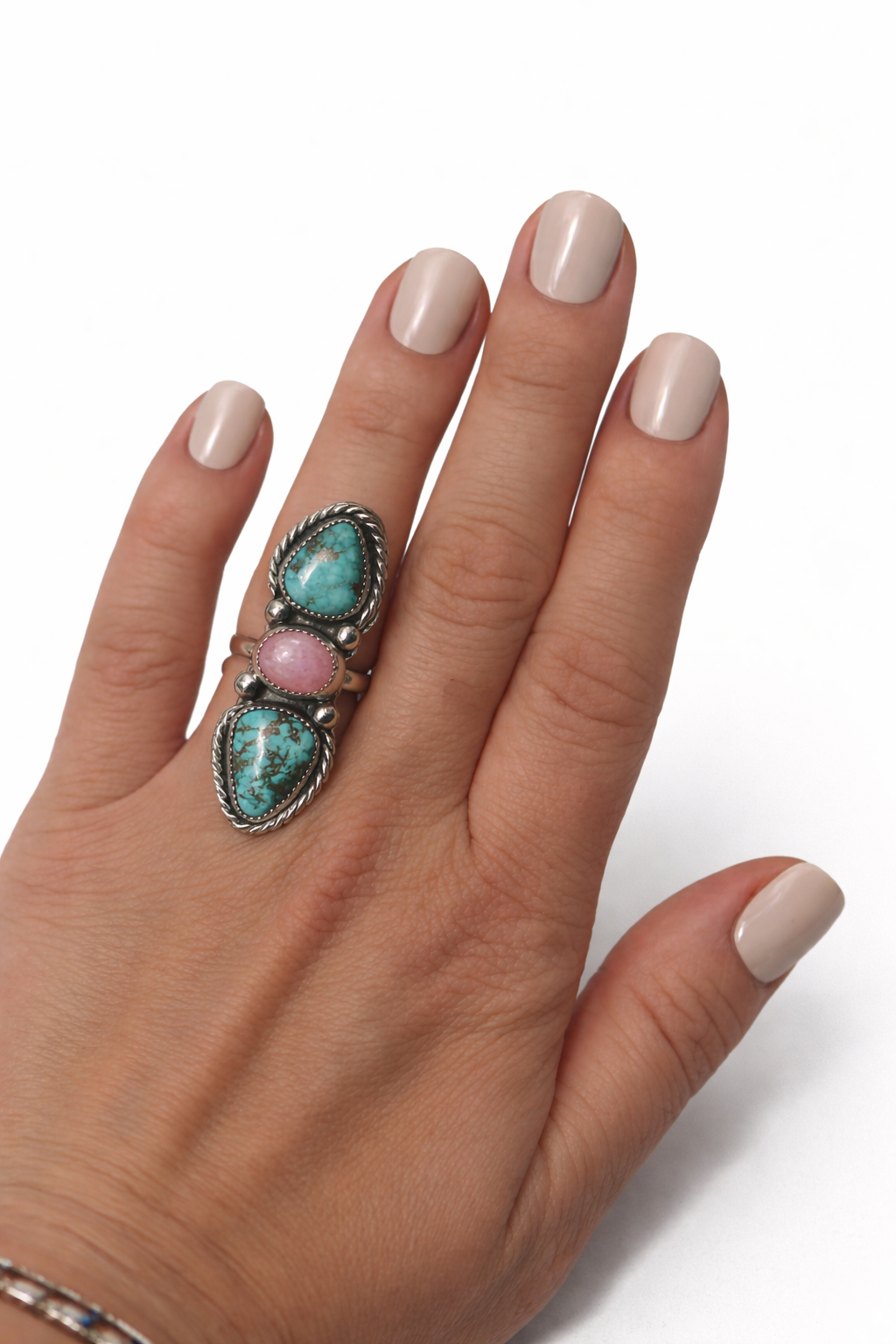 Desert Bloom Ring – Kingman Turquoise & Rose Quartz Sterling Silver Statement Ring