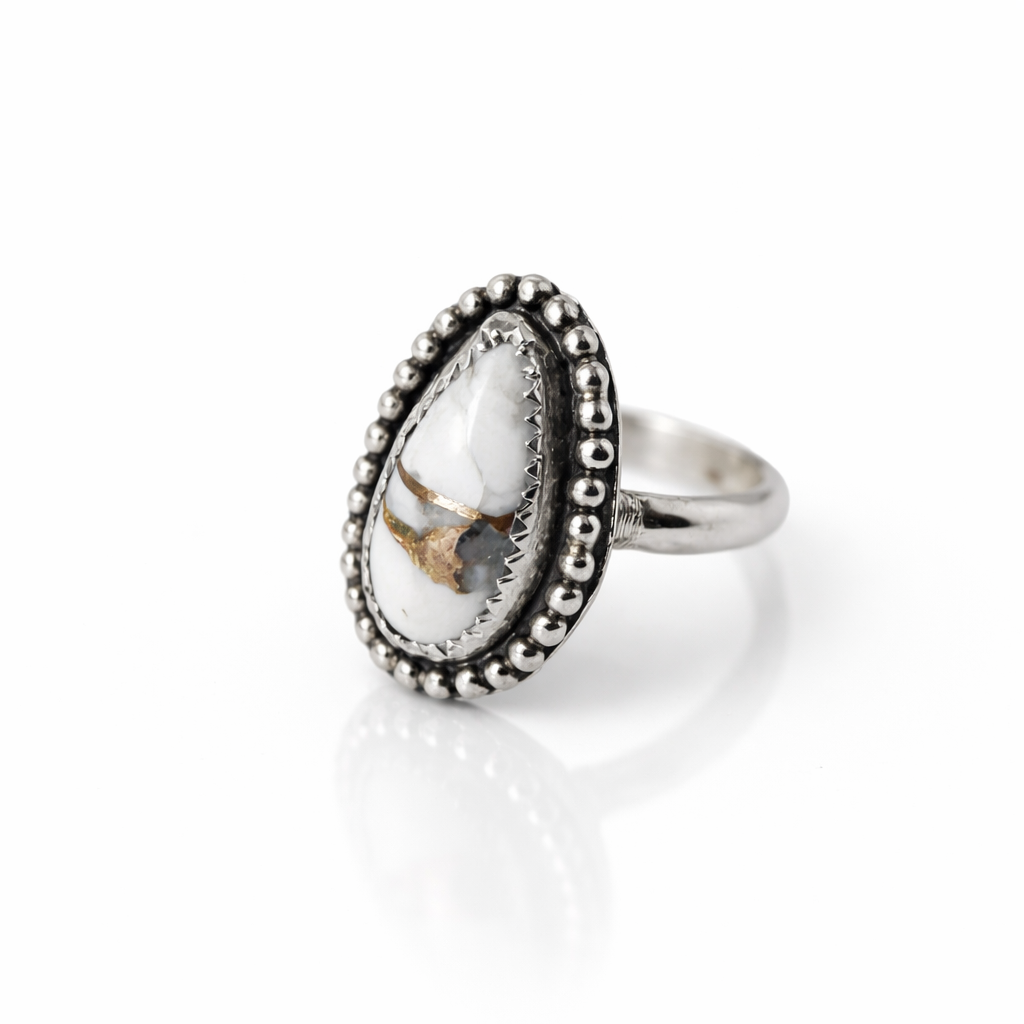 Kingman White Buffalo Sterling Silver Ring | Western Statement Ring | .925 Silver Teardrop Ring