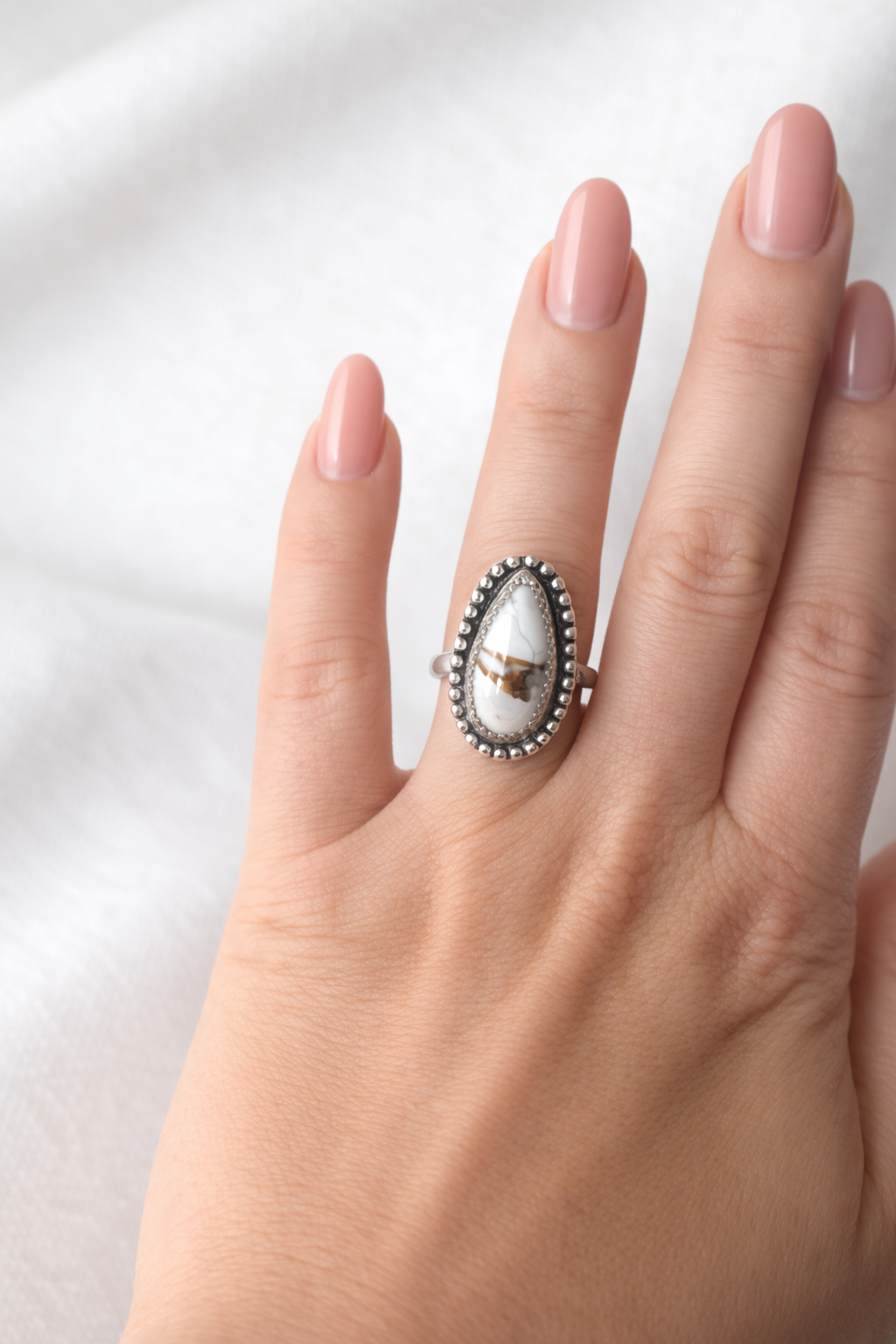 Kingman White Buffalo Sterling Silver Ring | Western Statement Ring | .925 Silver Teardrop Ring
